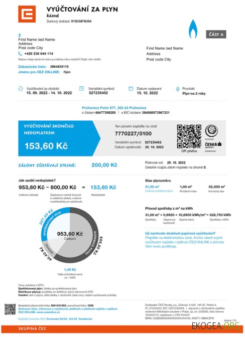 Czech Vyuctovani Za Plyn utility bill in PSD format